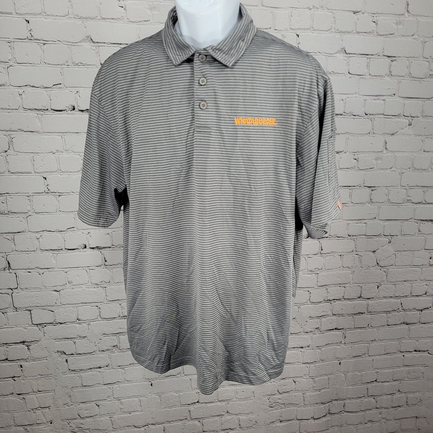 Whataburger Grey Striped Embroidered Logos Buttoned Short Sleeve Polo Shirt XL