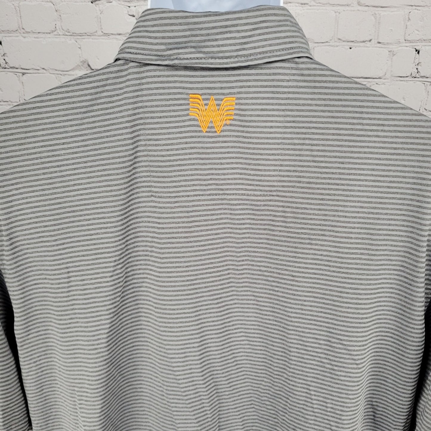 Whataburger Grey Striped Embroidered Logos Buttoned Short Sleeve Polo Shirt XL
