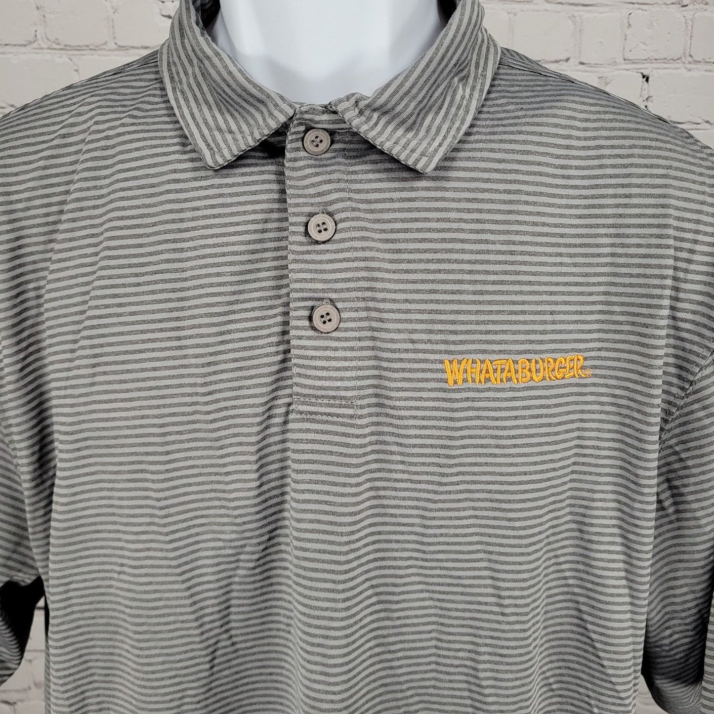Whataburger Grey Striped Embroidered Logos Buttoned Short Sleeve Polo Shirt XL