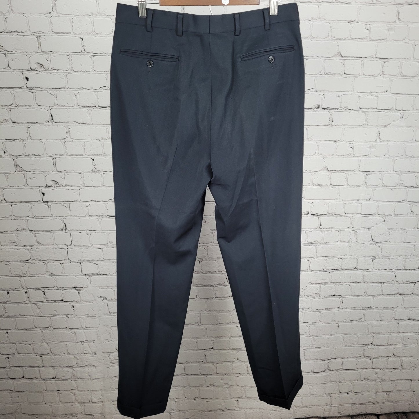 Brooks Brothers Navy 100% Wool Pleated Cuffed Straight Dress Pants 34x34 *holes