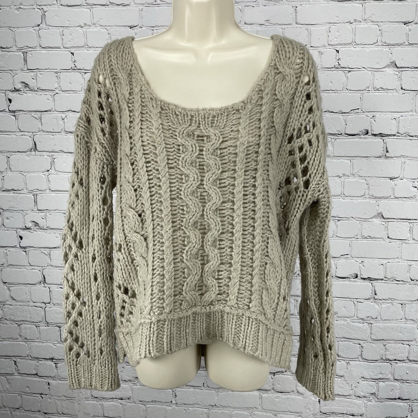 Free People Beige Wool Mohair Blend Oversized Chunky Open Knit Sweater Size XS