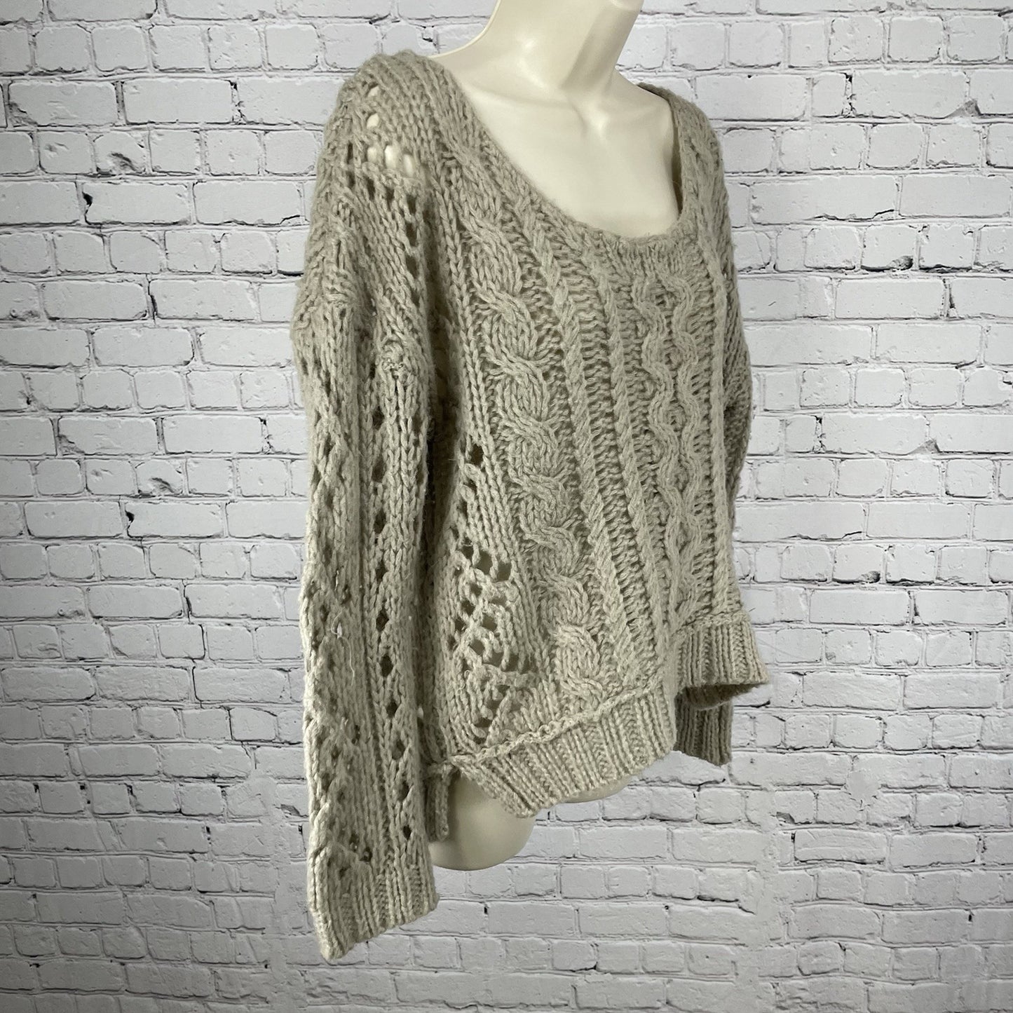 Free People Beige Wool Mohair Blend Oversized Chunky Open Knit Sweater Size XS