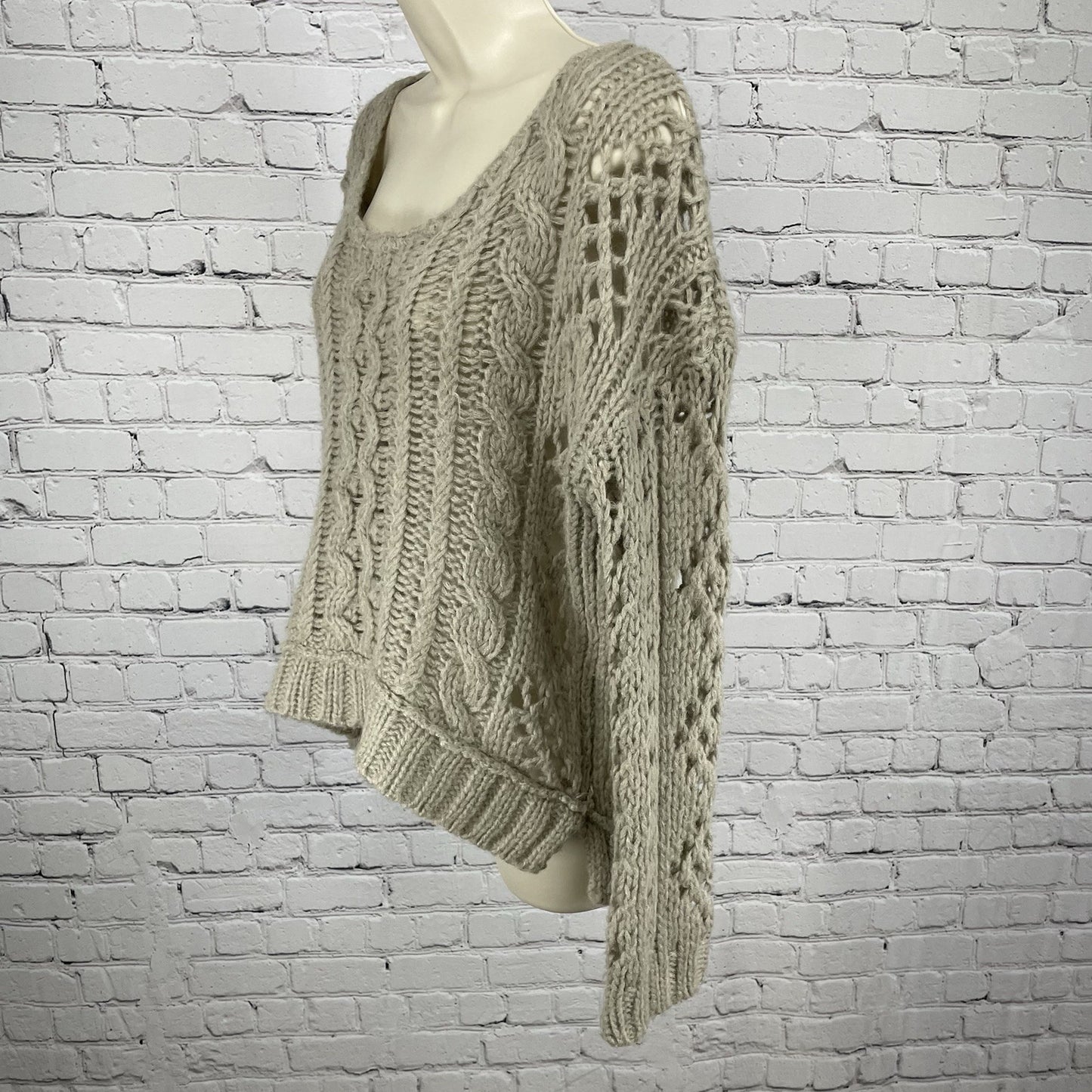 Free People Beige Wool Mohair Blend Oversized Chunky Open Knit Sweater Size XS