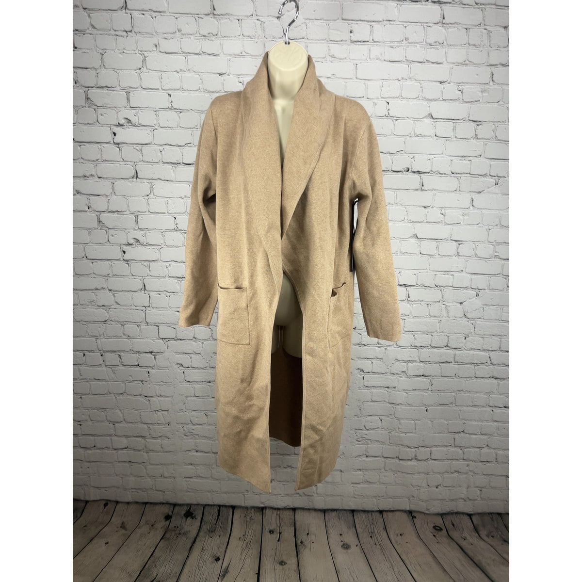 NWT Maxsport Sand Tan Shawl Collar Open Front Long Duster Cardigan Sweater M