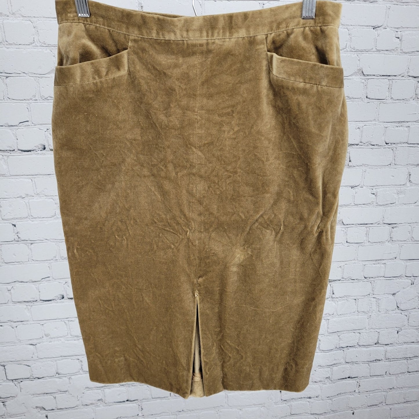 Mago Tan Velvet Velour Lined Zipped Pencil Skirt Italy Made Size 8 (30x24)