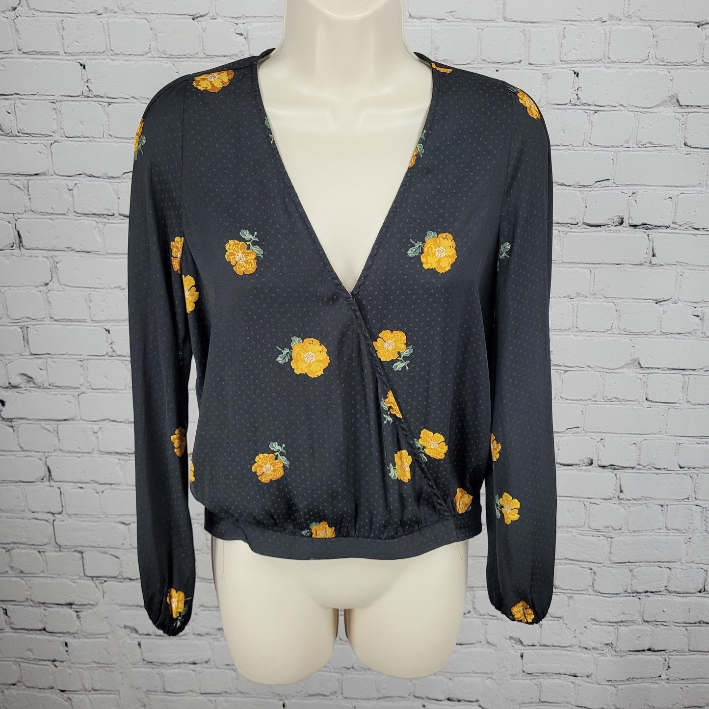 Madewell Black Floral Wrap Long Balloon Sleeve V Neck Lightweight Blouse Top XS