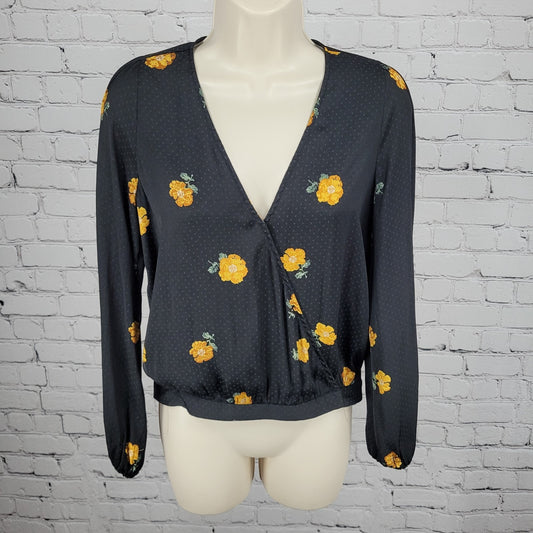 Madewell Black Floral Wrap Long Balloon Sleeve V Neck Lightweight Blouse Top XS