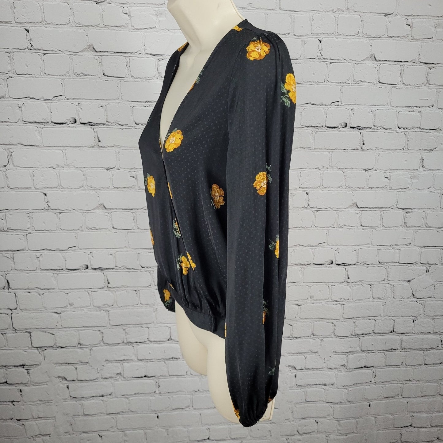 Madewell Black Floral Wrap Long Balloon Sleeve V Neck Lightweight Blouse Top XS