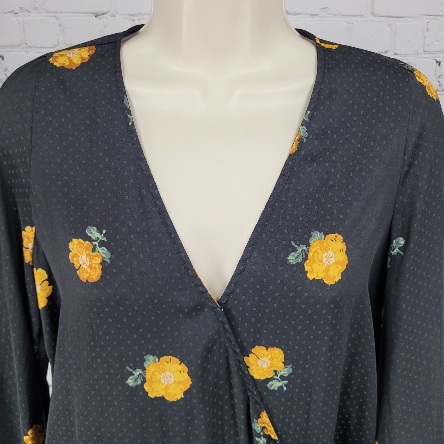 Madewell Black Floral Wrap Long Balloon Sleeve V Neck Lightweight Blouse Top XS