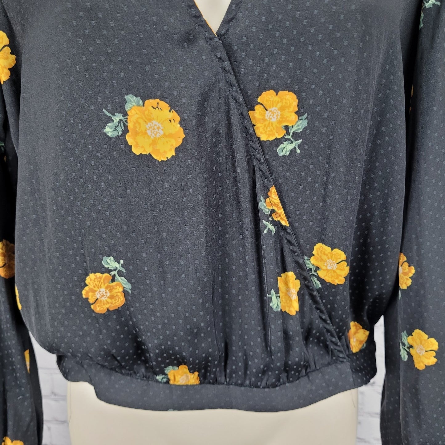 Madewell Black Floral Wrap Long Balloon Sleeve V Neck Lightweight Blouse Top XS