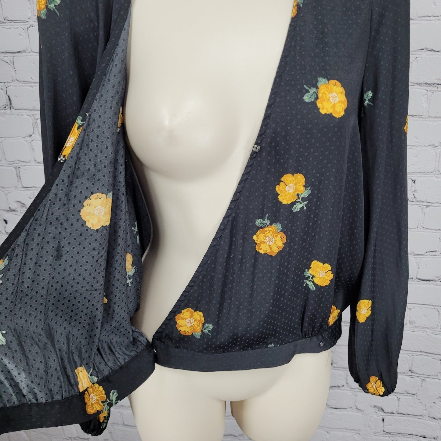 Madewell Black Floral Wrap Long Balloon Sleeve V Neck Lightweight Blouse Top XS