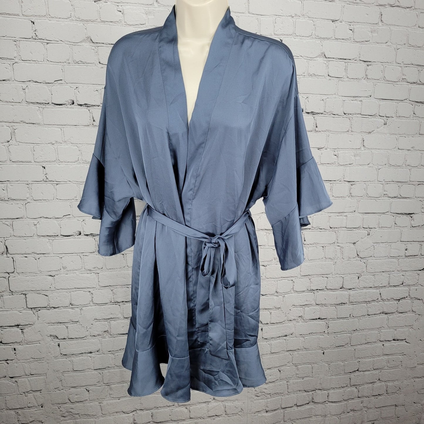 Victoria's Secret Blue Satin Belted Short Flutter Sleeves Light Short Robe XS/S
