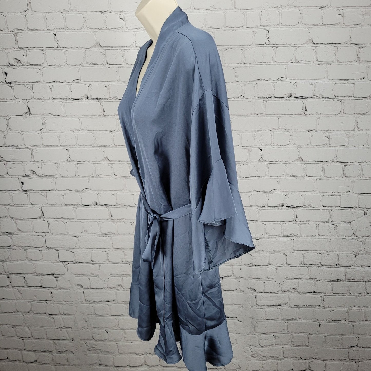 Victoria's Secret Blue Satin Belted Short Flutter Sleeves Light Short Robe XS/S