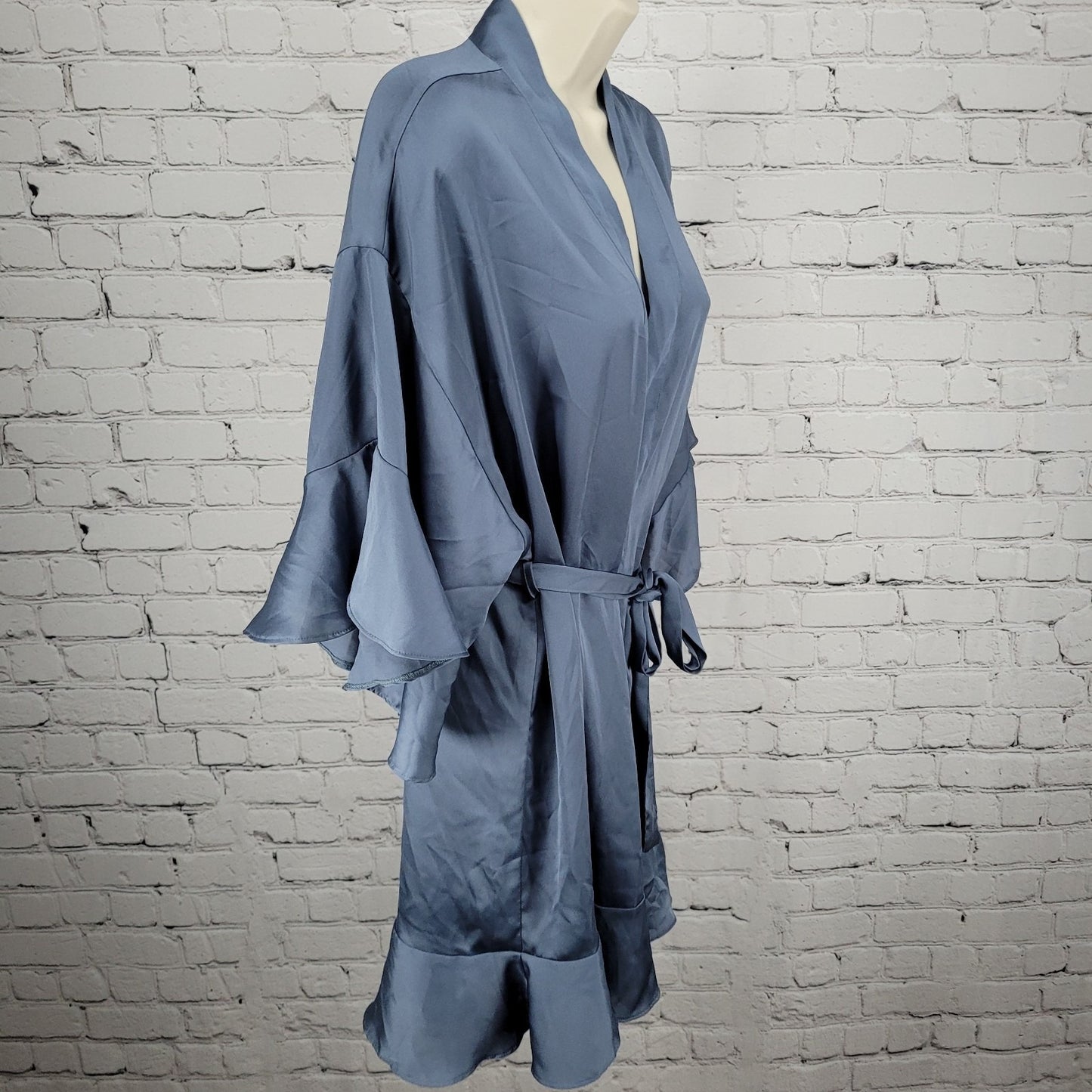 Victoria's Secret Blue Satin Belted Short Flutter Sleeves Light Short Robe XS/S