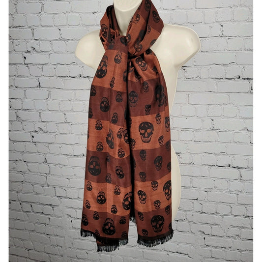 Romano Fiorenti Orange Black 100% Silk Skulls Striped Scarf Wrap Italy 74x29