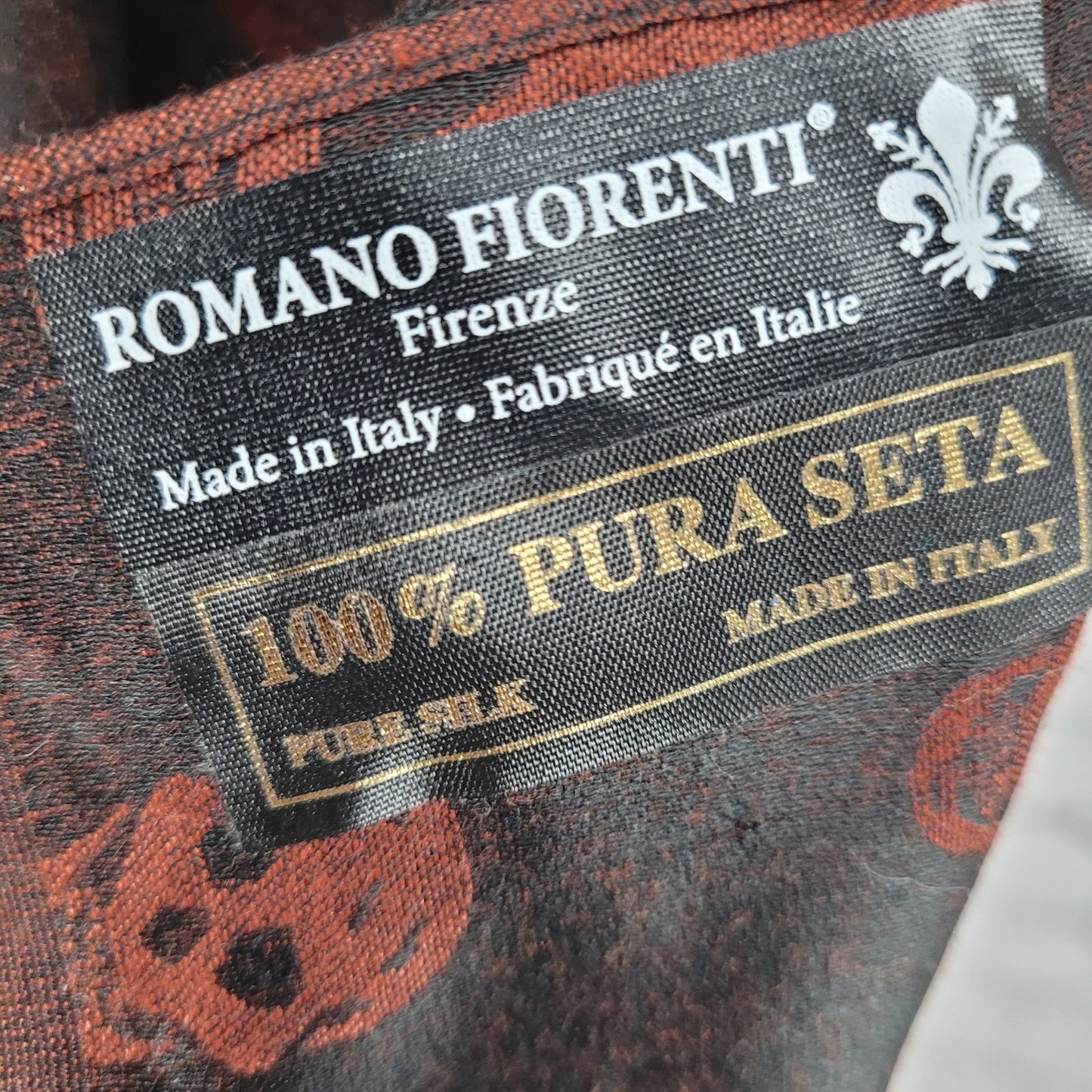 Romano Fiorenti Orange Black 100% Silk Skulls Striped Scarf Wrap Italy 74x29
