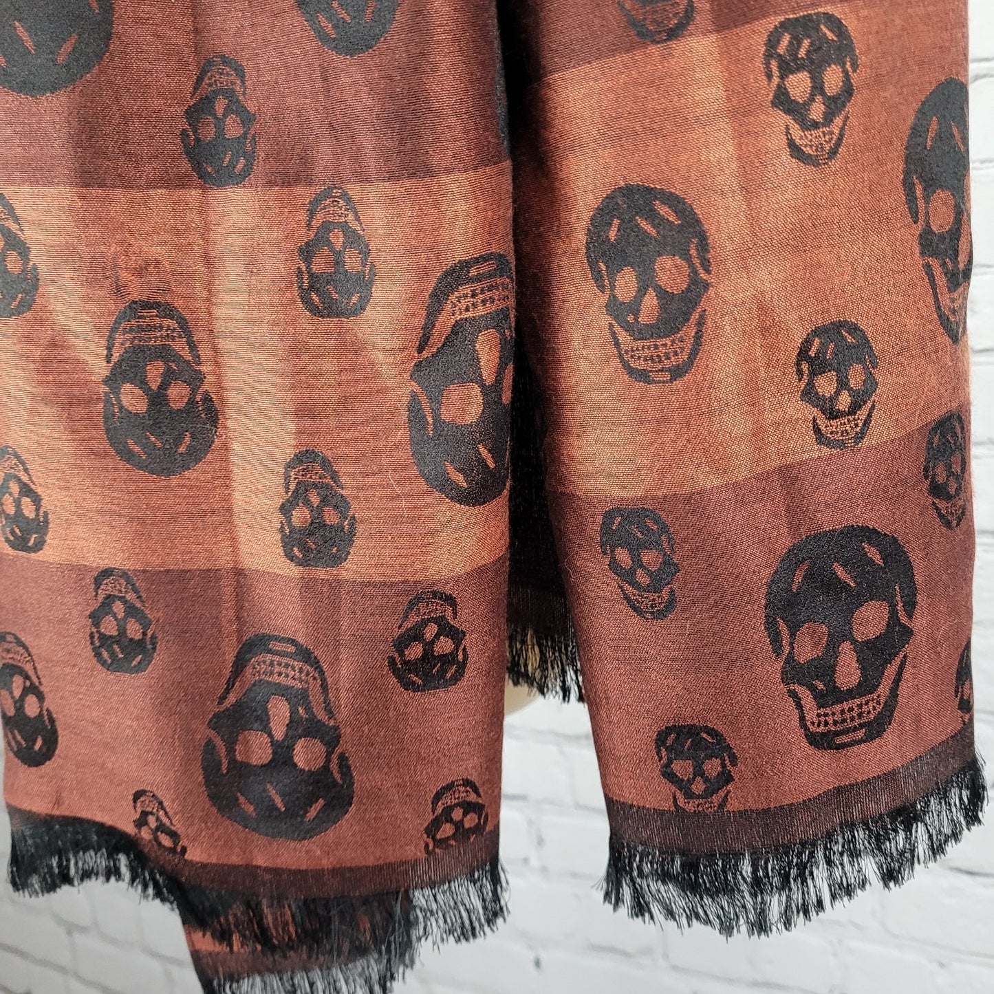 Romano Fiorenti Orange Black 100% Silk Skulls Striped Scarf Wrap Italy 74x29