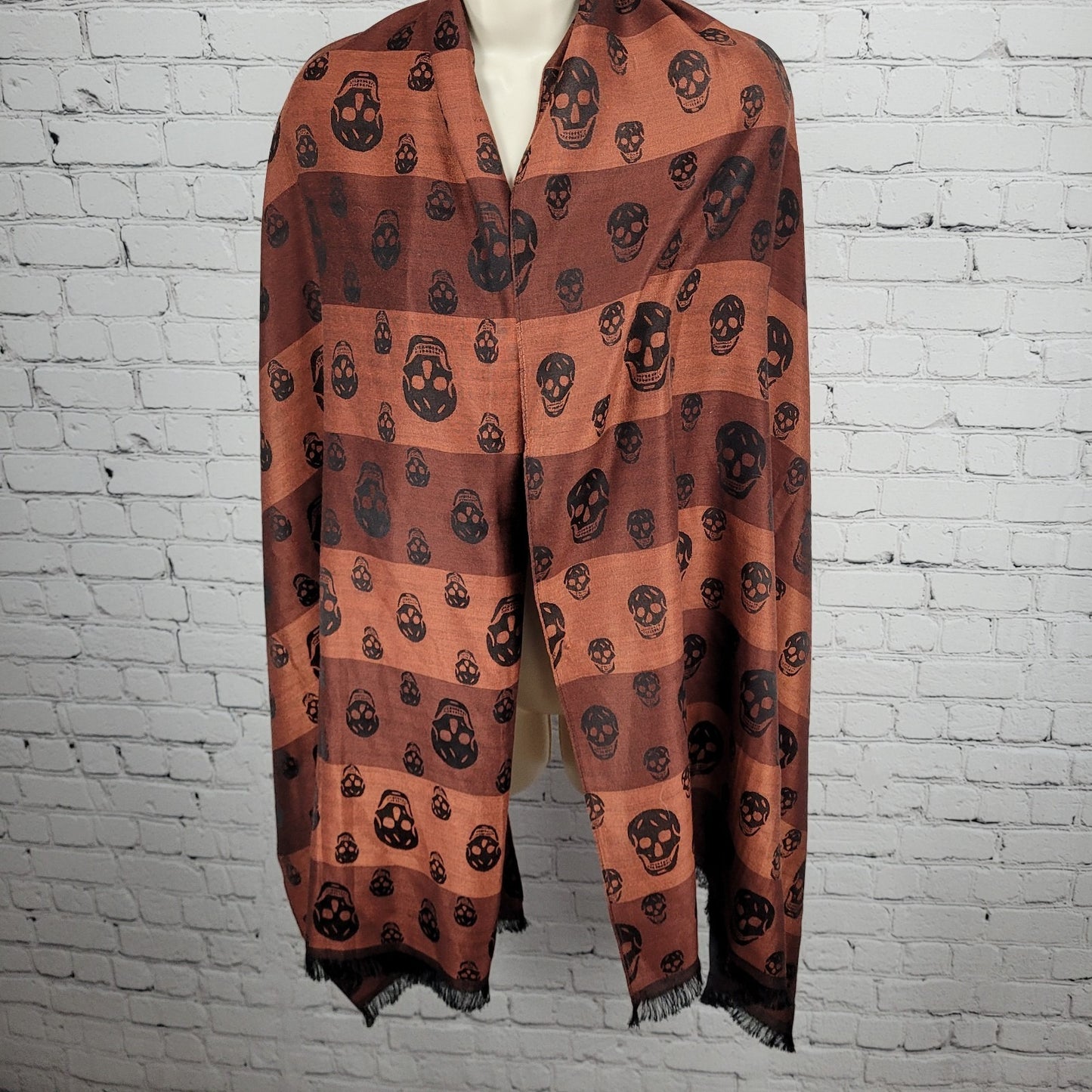 Romano Fiorenti Orange Black 100% Silk Skulls Striped Scarf Wrap Italy 74x29