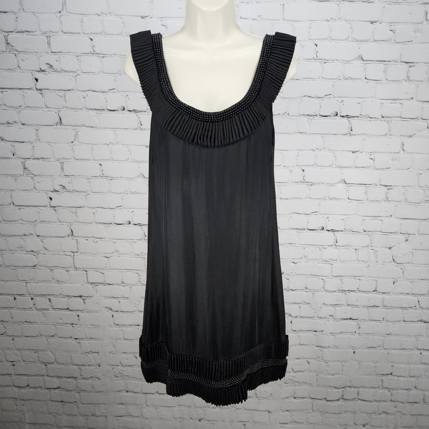 Yoana Baraschi Black 100% Silk Beaded Ruffle Sleeveless Short Dress Medium M