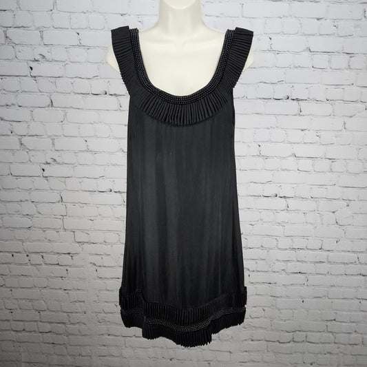 Yoana Baraschi Black 100% Silk Beaded Ruffle Sleeveless Short Dress Medium M