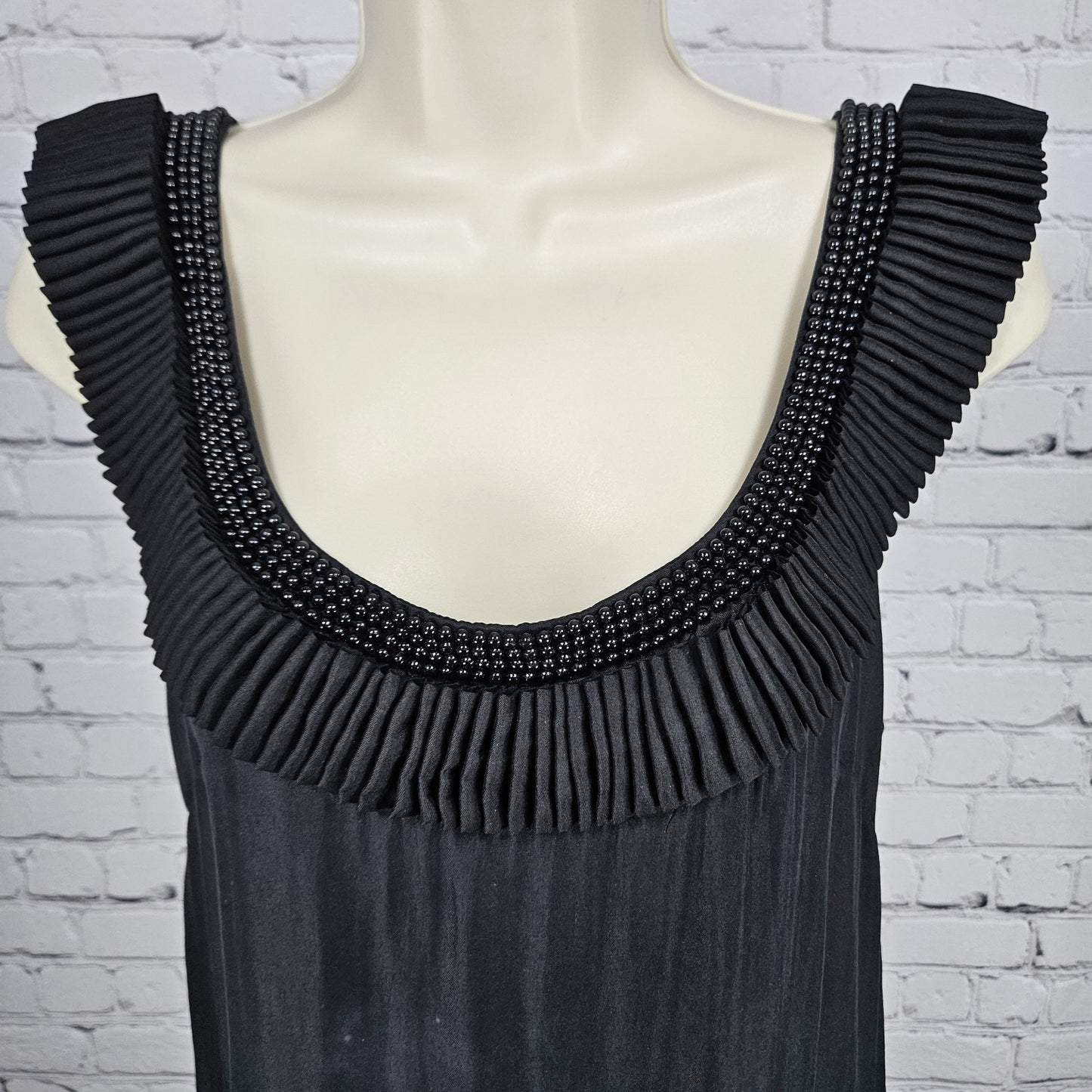 Yoana Baraschi Black 100% Silk Beaded Ruffle Sleeveless Short Dress Medium M