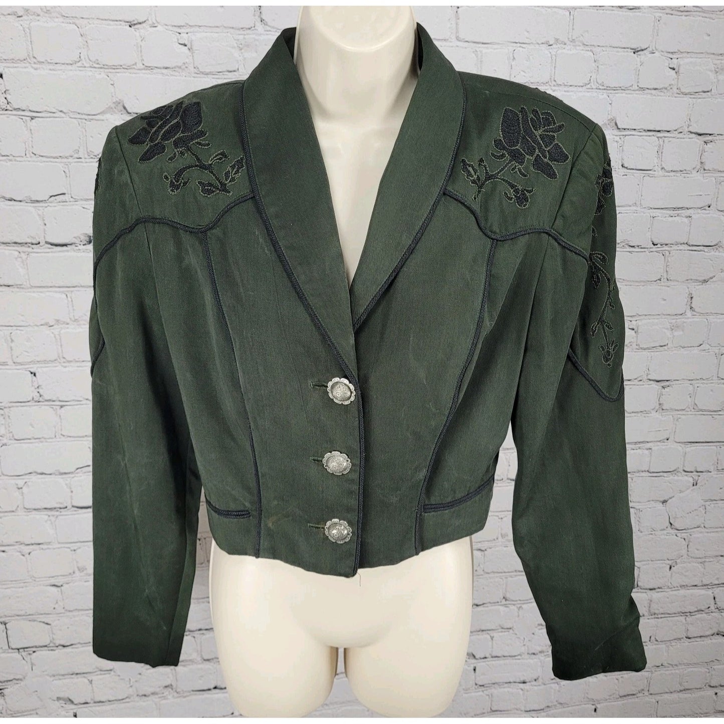 VTG Clarissa Cassandra Green Embroidered Floral Retro Crop Jacket USA Medium M