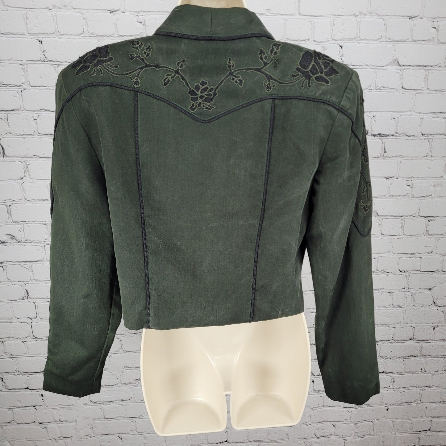 VTG Clarissa Cassandra Green Embroidered Floral Retro Crop Jacket USA Medium M