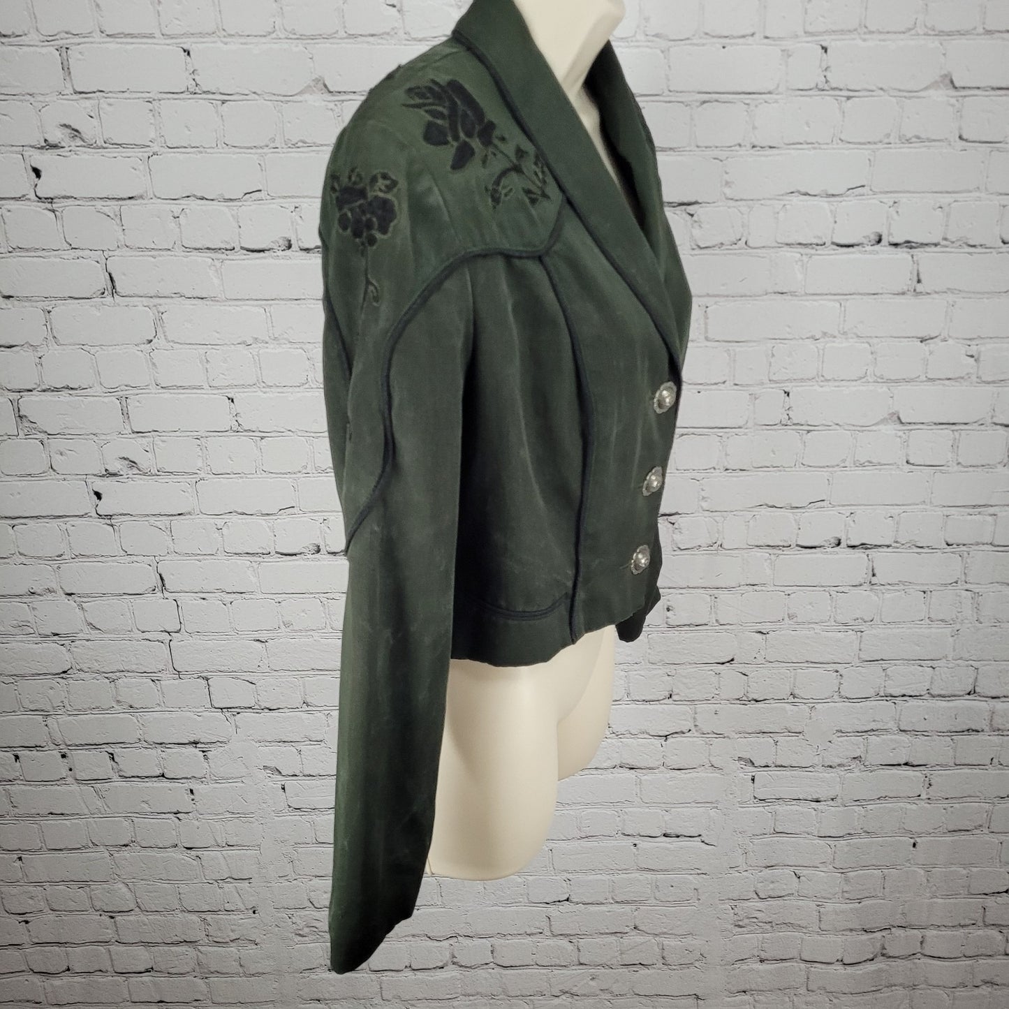 VTG Clarissa Cassandra Green Embroidered Floral Retro Crop Jacket USA Medium M