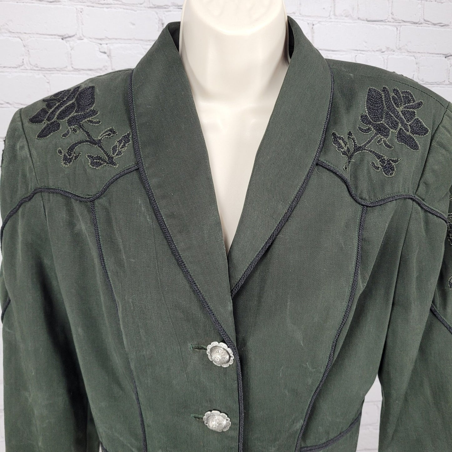 VTG Clarissa Cassandra Green Embroidered Floral Retro Crop Jacket USA Medium M