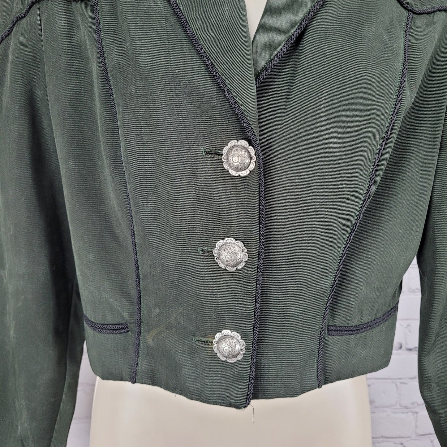 VTG Clarissa Cassandra Green Embroidered Floral Retro Crop Jacket USA Medium M