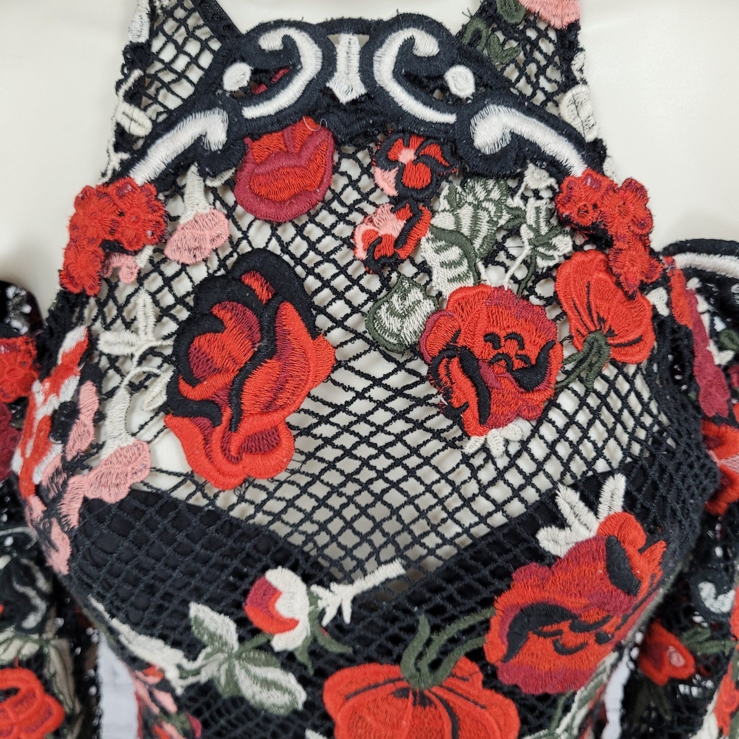 Thurley Black Red Fishnet Embroidered Floral Long Sleeve A Line Dress Size 6