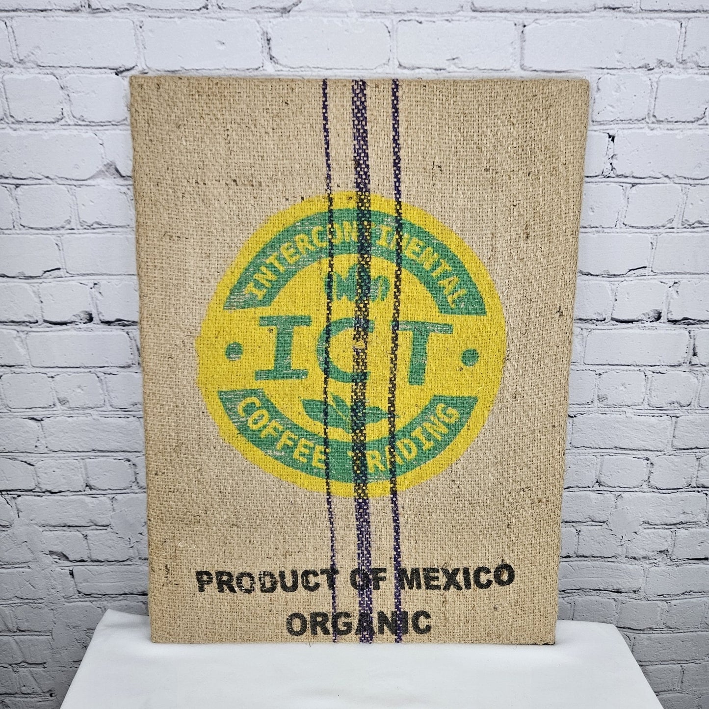 ICT Coffee Import Authentic Burlap Sack Wrapped Canvas Wood Framed Art 24x18