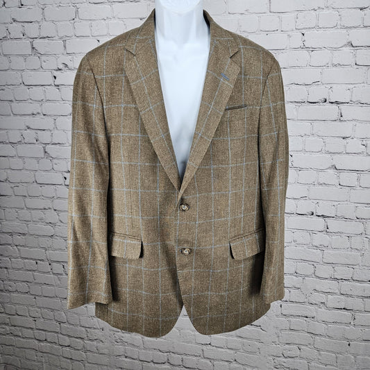 IKE Behar Brown 100% Silk Blue Check 2 Button Vented Notch Blazer Sport Coat 42R