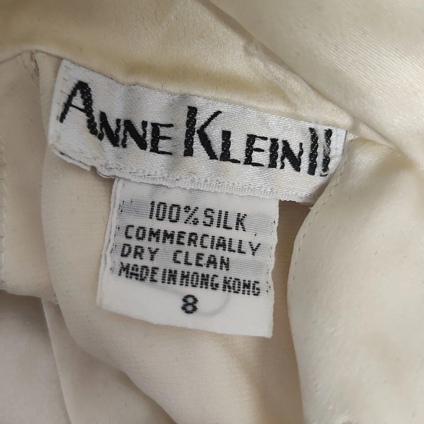 VTG Anne Klein II 100% Silk Cream High Neck Long Sleeve Collared Button Size 8