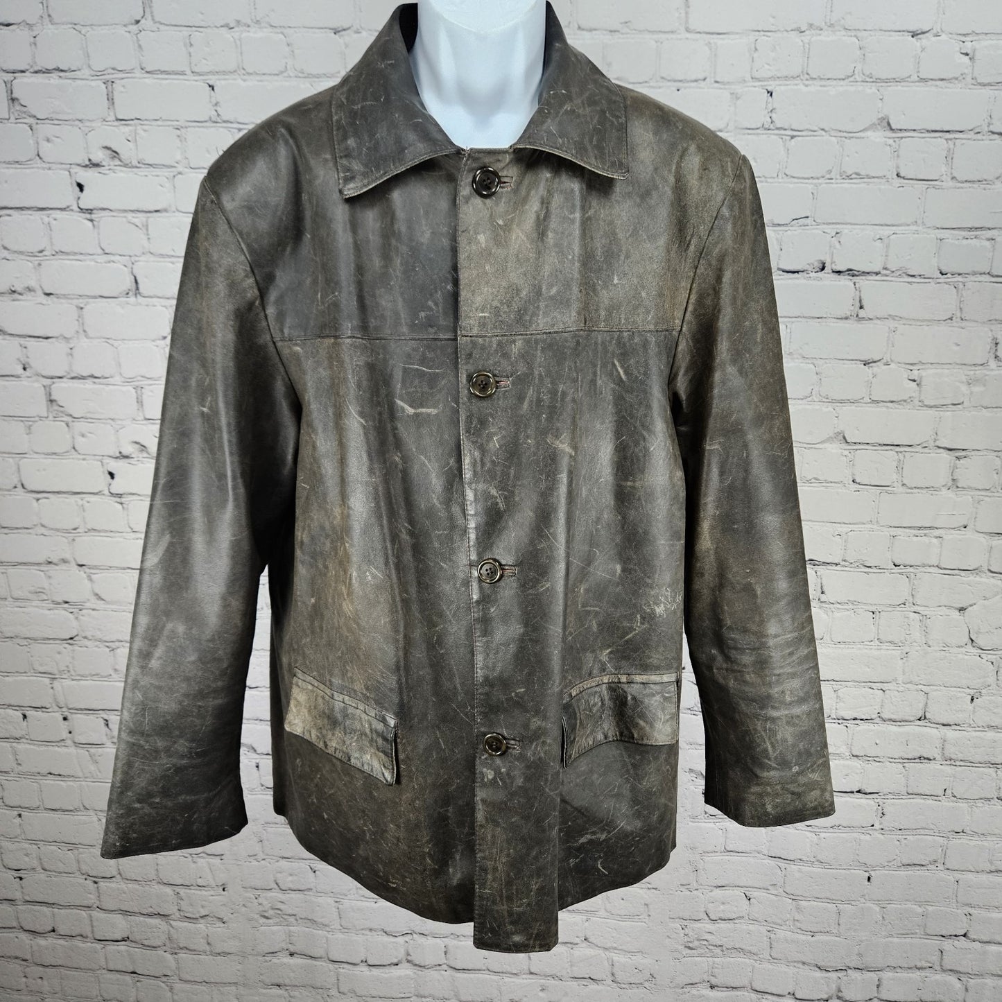 Vera Pelle Brown Distressed Leather Button Pocket Jacket Coat Italy 52 US 42