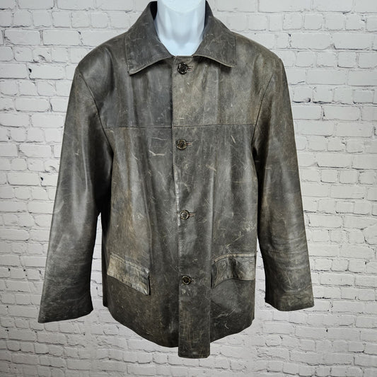 Vera Pelle Brown Distressed Leather Button Pocket Jacket Coat Italy 52 US 42