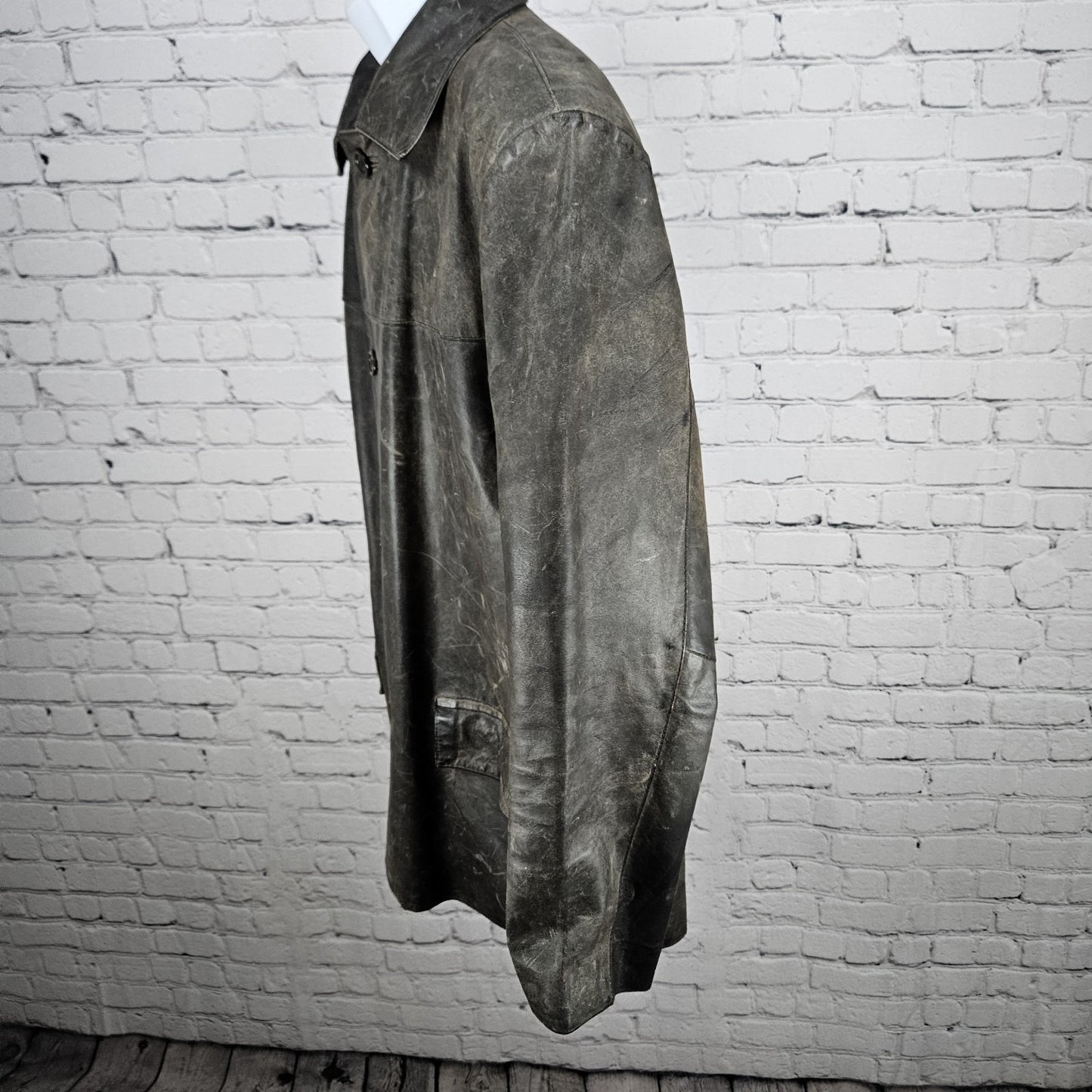 Vera Pelle Brown Distressed Leather Button Pocket Jacket Coat Italy 52 US 42