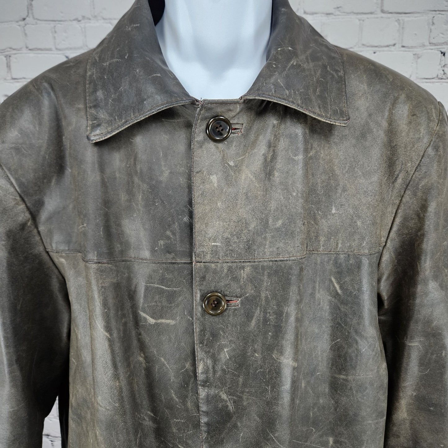 Vera Pelle Brown Distressed Leather Button Pocket Jacket Coat Italy 52 US 42