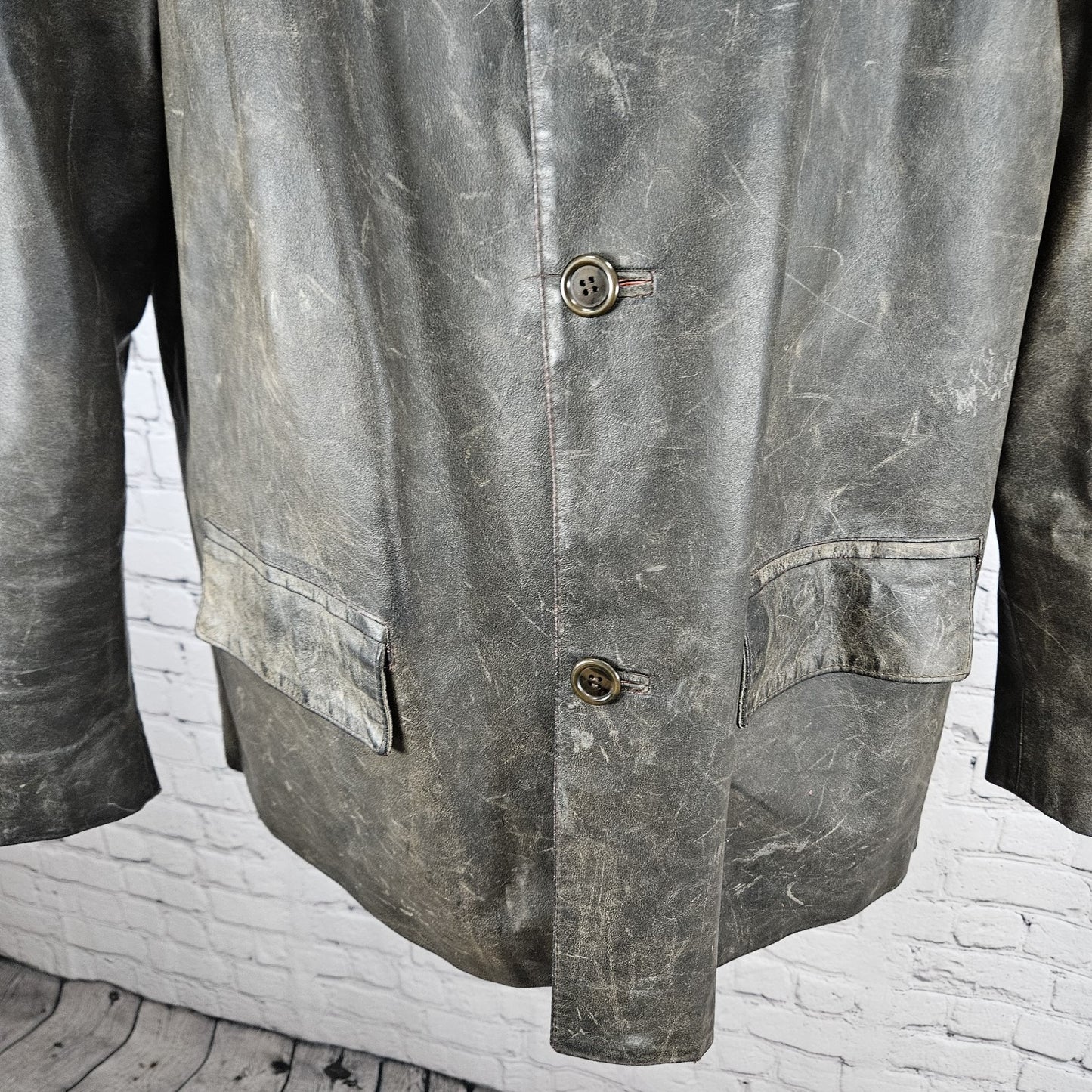 Vera Pelle Brown Distressed Leather Button Pocket Jacket Coat Italy 52 US 42