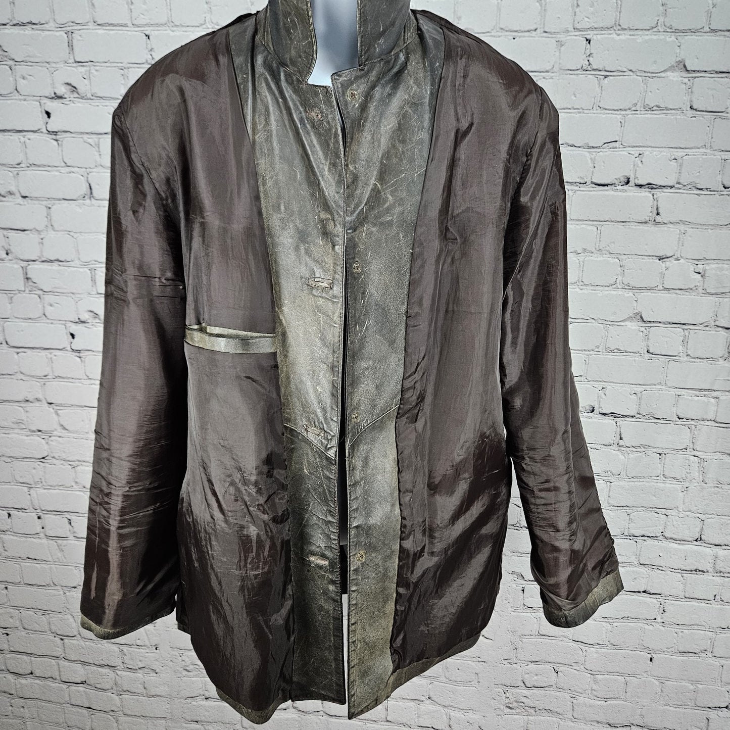 Vera Pelle Brown Distressed Leather Button Pocket Jacket Coat Italy 52 US 42