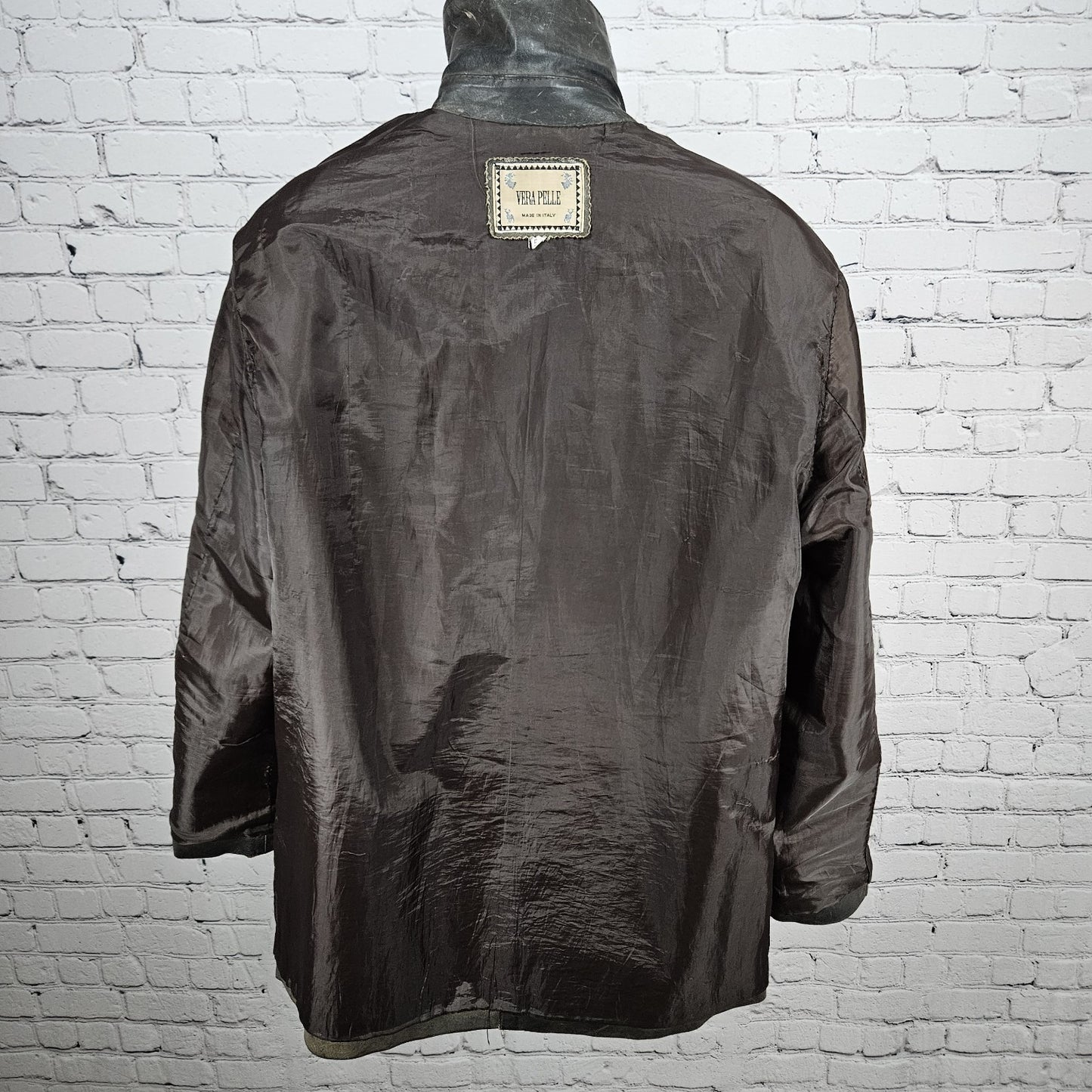Vera Pelle Brown Distressed Leather Button Pocket Jacket Coat Italy 52 US 42