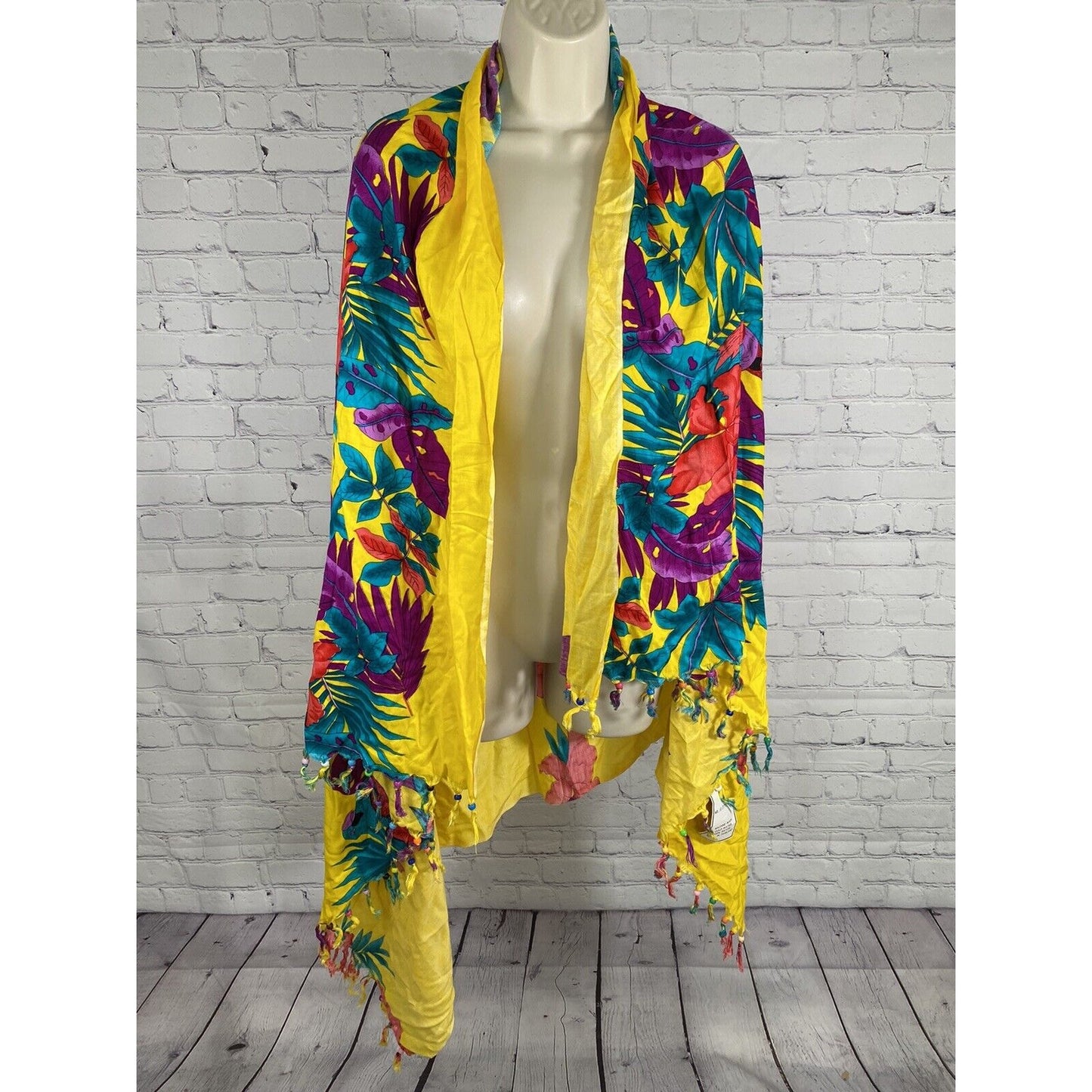 NWT Caribbean Fashion Colorful Floral Beaded Fringe Wrap Scarf Shawl (66x44)