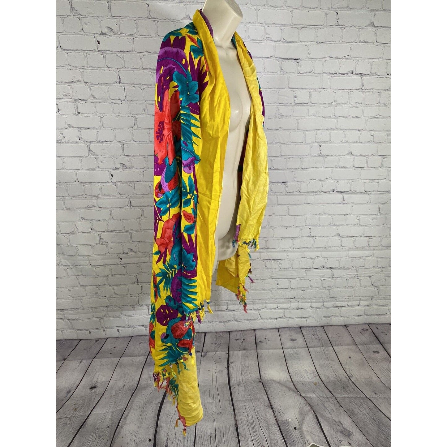 NWT Caribbean Fashion Colorful Floral Beaded Fringe Wrap Scarf Shawl (66x44)