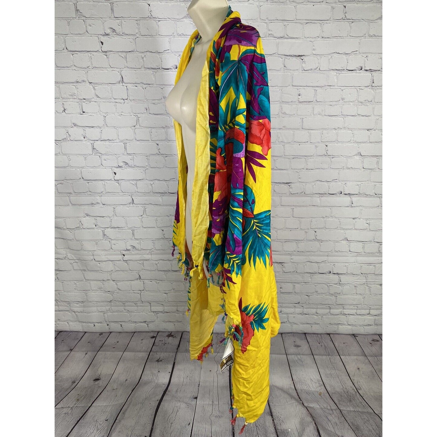 NWT Caribbean Fashion Colorful Floral Beaded Fringe Wrap Scarf Shawl (66x44)