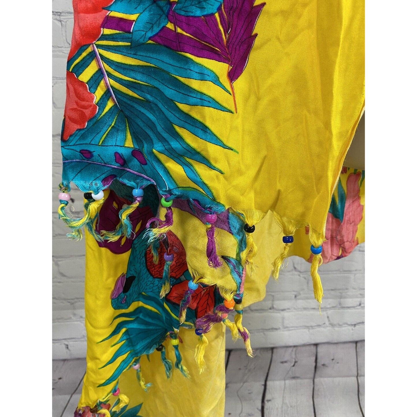 NWT Caribbean Fashion Colorful Floral Beaded Fringe Wrap Scarf Shawl (66x44)