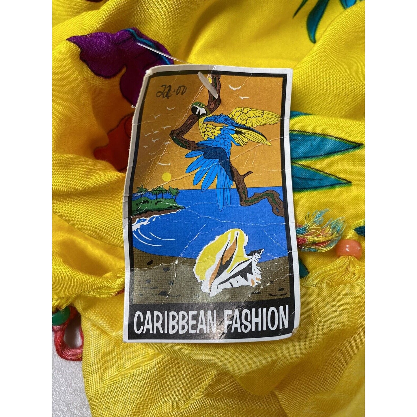 NWT Caribbean Fashion Colorful Floral Beaded Fringe Wrap Scarf Shawl (66x44)