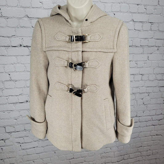 Zara Woman Tan Gold Buckle Full Zip Hooded Pockets Lined Jacket Size Small S