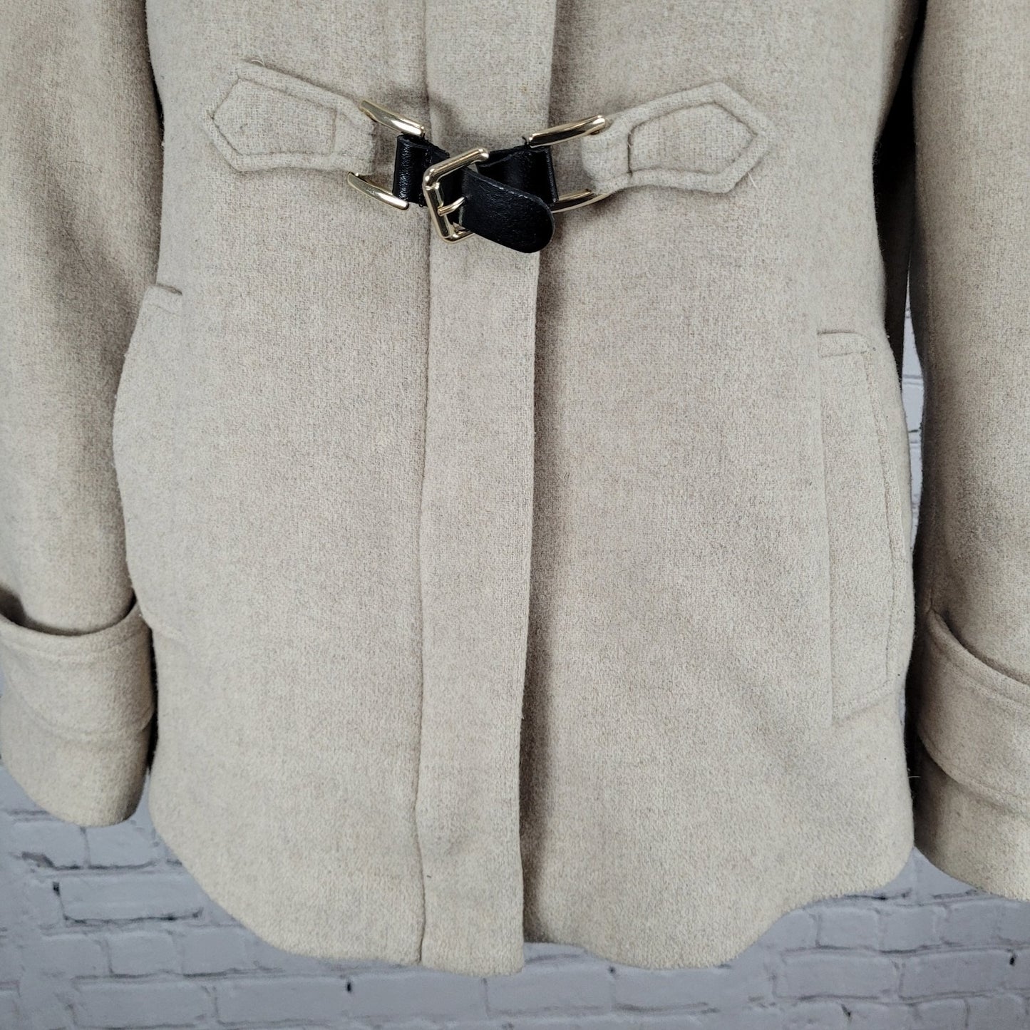 Zara Woman Tan Gold Buckle Full Zip Hooded Pockets Lined Jacket Size Small S