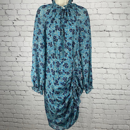 Veronica Beard Blue Silk Chiffon Ruffle Keyhole Neck Zipped Tie Dress Size 10