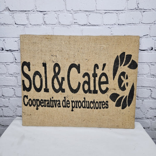 Sol & Cafe Coffee Authentic Burlap Sack Wrapped Canvas Wood Framed Art 16x20